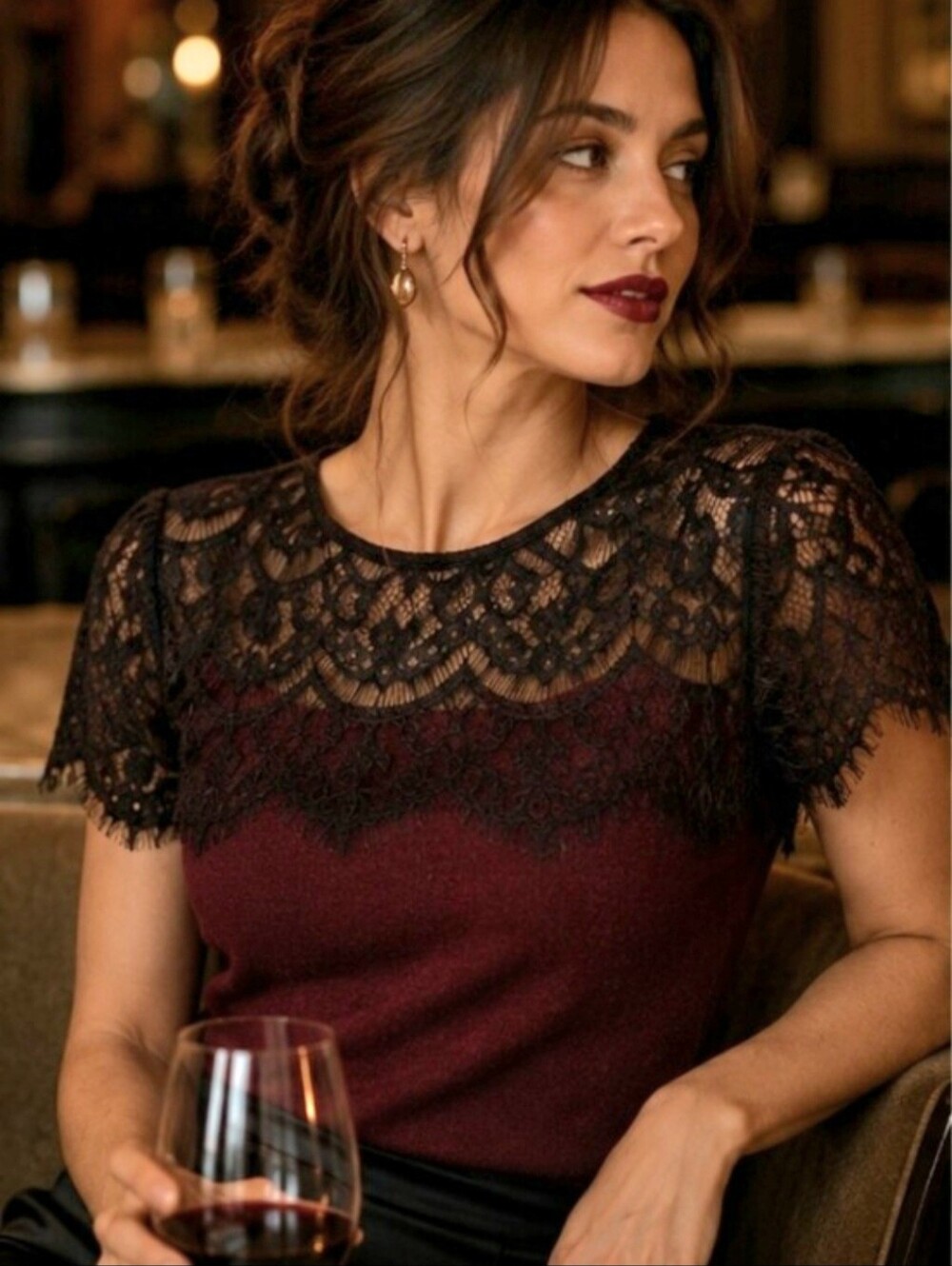 🌸Elegant Ann Taylor Burgundy Sweater with Black Eyelash Lace Bodice Cap Sleeves